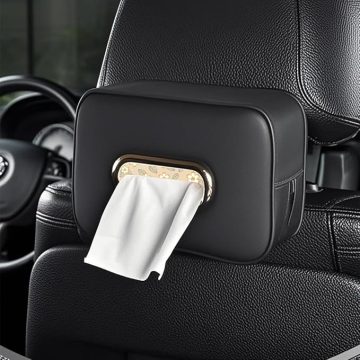 STHIRA® Car Tissue Holder for Headrest Fashion Pu Leather Tissue Box with Hook and Loop Strap Zip-Up Design Car Napkin Tissue Holder Easy to Refill Universal Car Tissue Paper Case, 19x13x6cm, Black